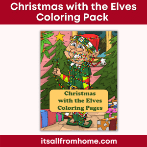 In a festive room overflowing with holiday spirit, a cartoon elf stands wrapped in twinkling Christmas lights amidst a backdrop of a decorated tree and presents. The image caption reads "Christmas with the Elves Coloring Pack.