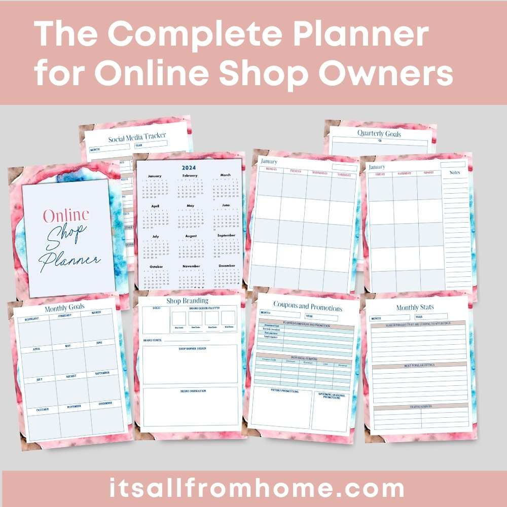 Introducing "The Complete Planner for Online Shop Owners," featuring a pink watercolor design. This planner includes pages designed to help online shop owners track social media, plan their calendar, set quarterly and monthly goals, develop shop branding strategies, manage coupons and promotions, and monitor monthly stats.