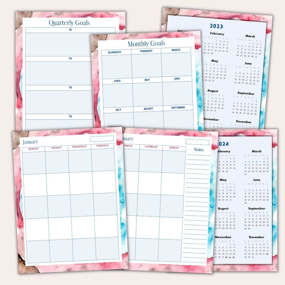 Image of diverse pages from "The Complete Planner for Online Shop Owners," featuring goal sections, a monthly calendar, and yearly calendars for 2023 and 2024, all adorned with pink and blue watercolor-themed borders.