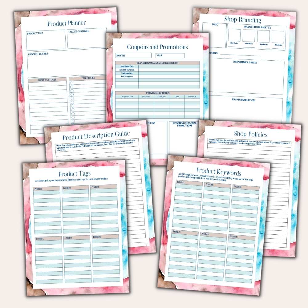 An image featuring various sections of "The Complete Planner for Online Shop Owners." Includes areas for product planner, coupons and promotions, shop branding, product description guide, shop policies, product tags, and product keywords. The backgrounds are accented with pink and blue tones.
