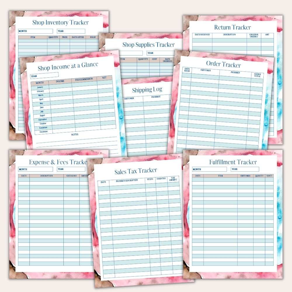 Introducing "The Complete Planner for Online Shop Owners," a digital resource featuring nine vibrant pages each dedicated to diverse business management trackers, such as Shop Inventory, Sales Tax, Order, Return, Fulfillment, and Shipping Log. Each page includes tables designed to efficiently organize important data.