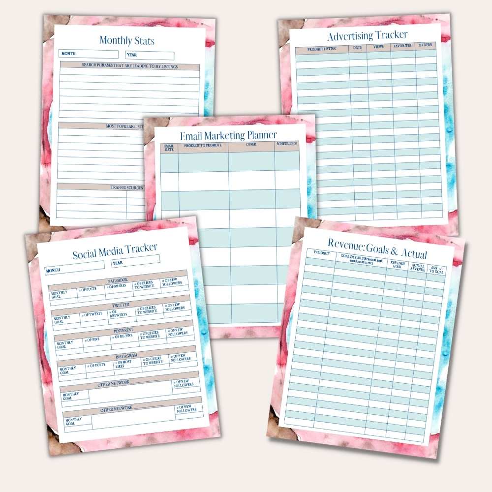Image showcasing "The Complete Planner for Online Shop Owners," featuring a collage of pastel-colored templates such as Monthly Stats, Advertising Tracker, Email Marketing Planner, Social Media Tracker, and Revenue: Goals & Actual. Each template includes organized columns and rows for data entry.