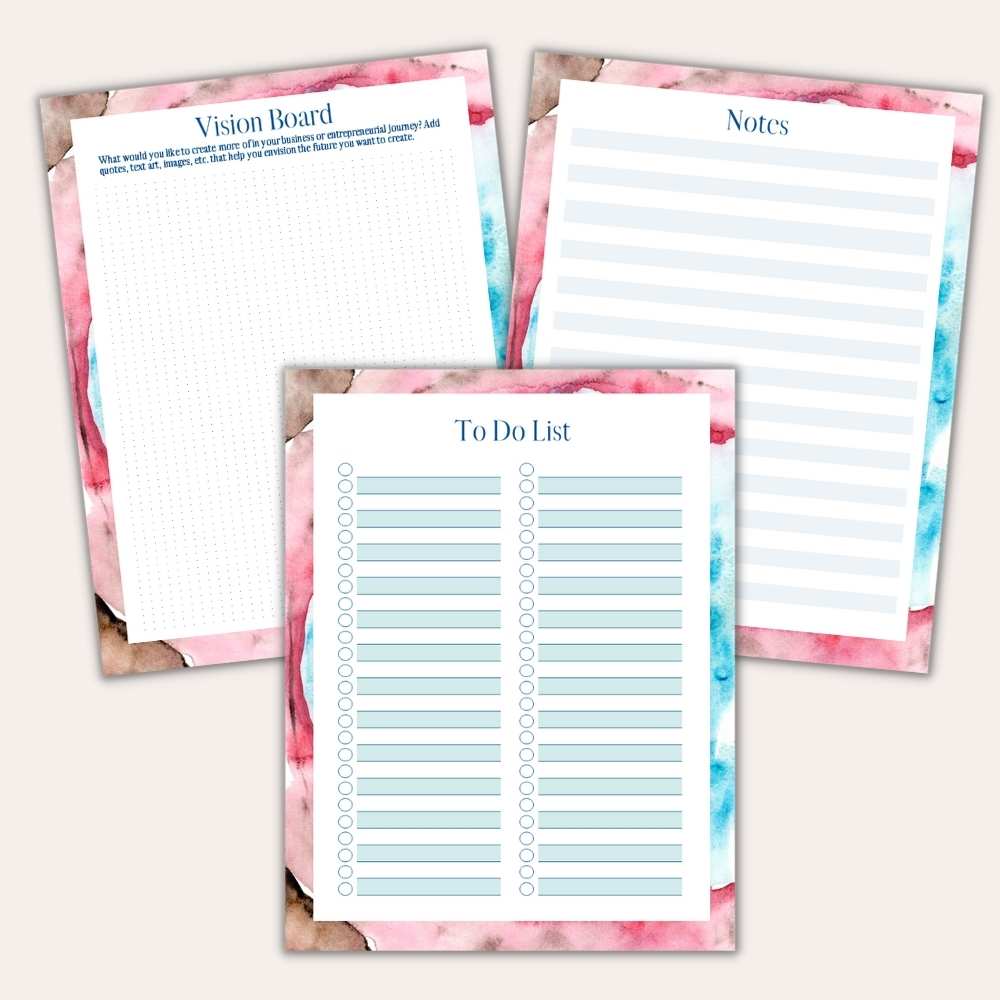 A trio of papers featuring watercolor borders is included in The Complete Planner for Online Shop Owners. One sheet is titled "Vision Board" and has dotted lines, another is labeled "Notes" with lined spaces, and the last one is a "To Do List" with checkboxes beside each line.