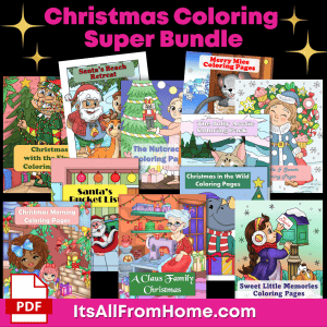 A collage of vibrant, Christmas-themed coloring book covers showcasing festive scenes like Santa, elves, reindeer, and holiday decor. Text reads "Color Yourself Festive: Coloring Pack Super Bundle" and "ItsAllFromHome.com." A PDF icon is displayed.