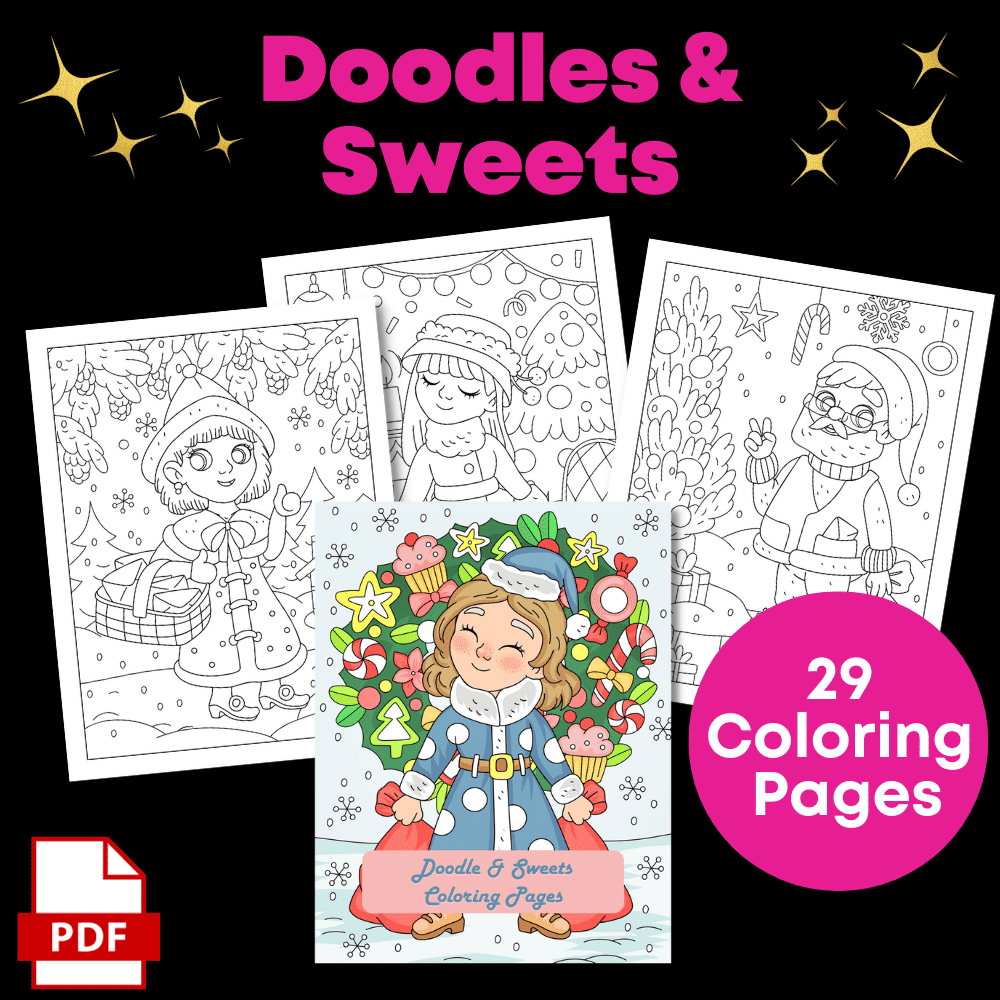 Three coloring pages are displayed: a girl with a basket, a girl in a hooded coat, and a festive figure with candy. The cover features a smiling girl with sweets. Text reads "Color Yourself Festive" and "29 Coloring Pages." PDF icon included.