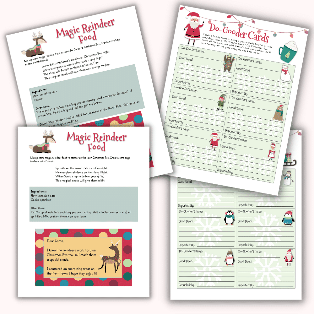 Image displaying festive holiday printables from "The Santa Prep Pack." One page, titled "Magic Reindeer Food," features instructions and reindeer illustrations. Another page, titled "Do-Gooder Cards," includes spaces for listing good deeds and illustrations of Santa and penguins.