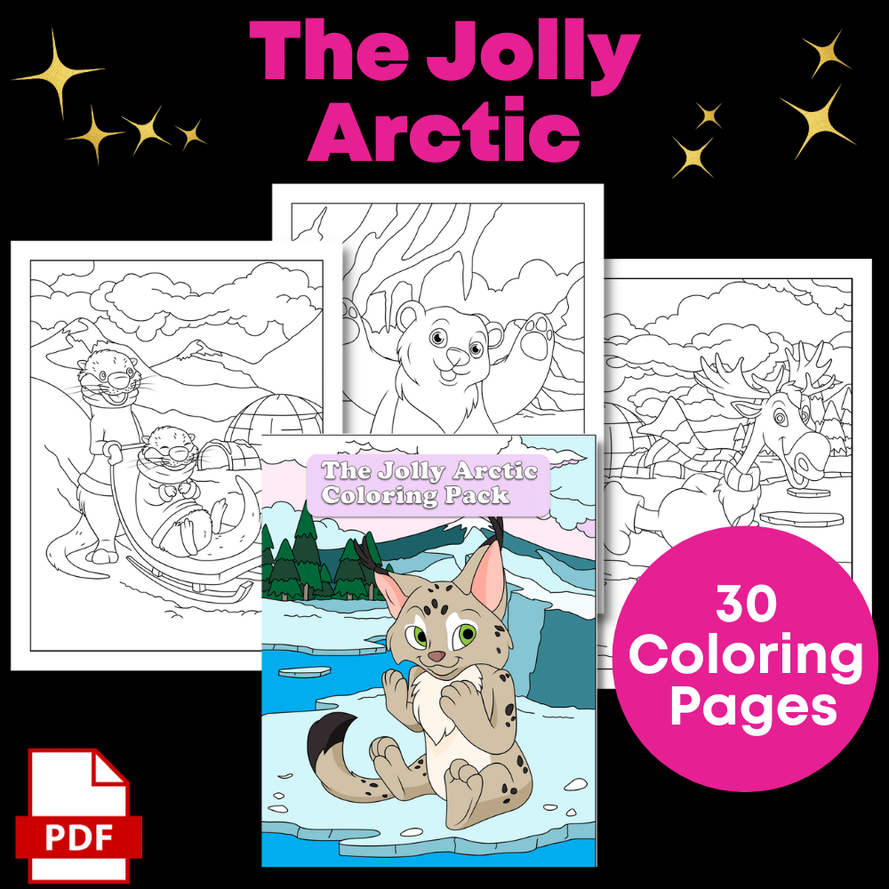 An illustration of the "Color Yourself Festive: Coloring Pack Super Bundle" with a preview of three coloring pages featuring arctic animals and landscapes. The pack includes 30 pages, and a PDF icon is displayed.