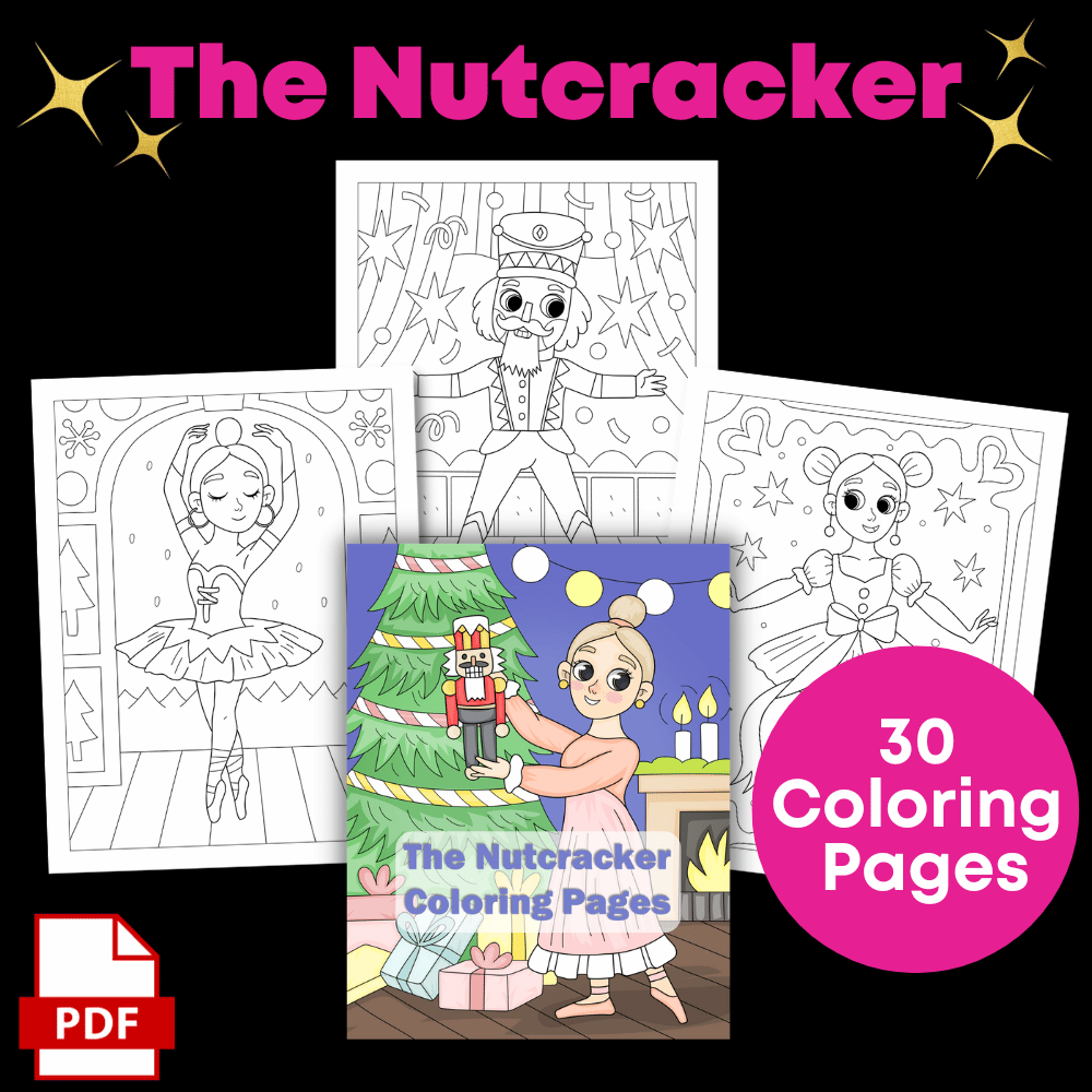Introducing the "Color Yourself Festive: Coloring Pack Super Bundle" featuring a Nutcracker-themed coloring book. The cover displays an image of a person holding a nutcracker by a Christmas tree. Inside, enjoy three sample coloring pages that include designs of a ballerina, a nutcracker, and a mouse. The text on the cover reads "The Nutcracker" and highlights the inclusion of 30 coloring pages.