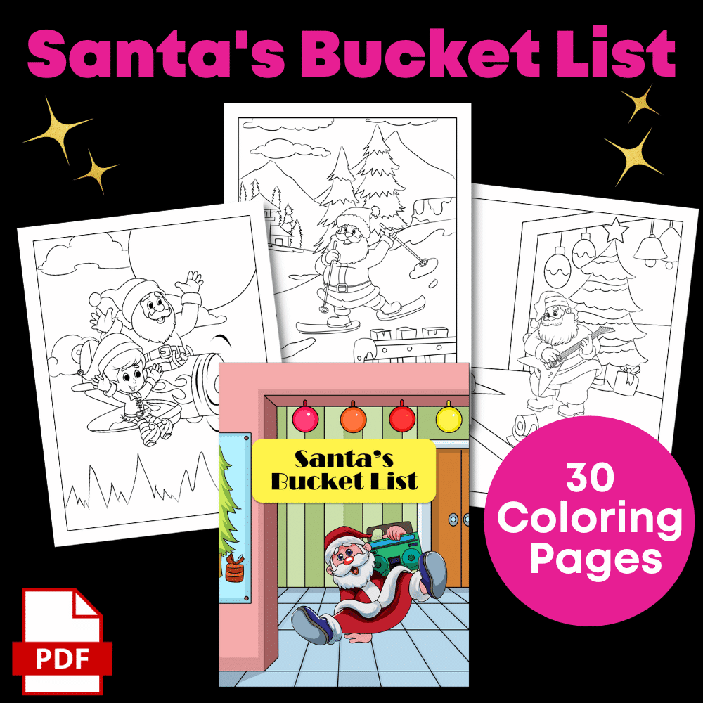 A promotional image for the "Color Yourself Festive: Coloring Pack Super Bundle," showcasing three black-and-white pages filled with Santa-themed illustrations and a cover depicting Santa in a sled. The text emphasizes that the bundle includes 30 coloring pages and is available in PDF format.