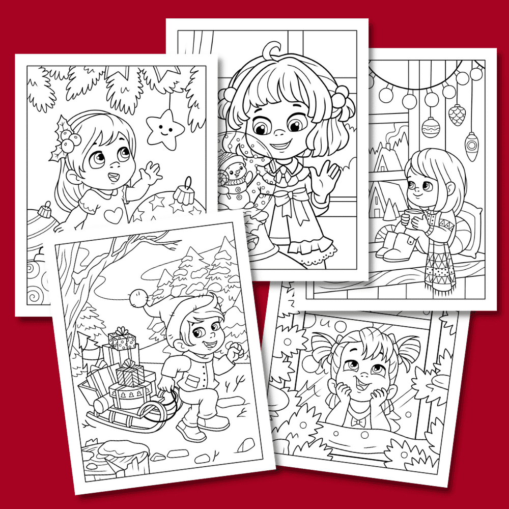 The "Sweet Memories of Christmas Coloring Pack" includes five festive coloring pages showcasing children partaking in holiday activities such as tree decorating, holding a snow globe, reading in a cozy room, toting gifts on a sled, and gazing out a window adorned with garlands. The backdrop features a vibrant red hue.
