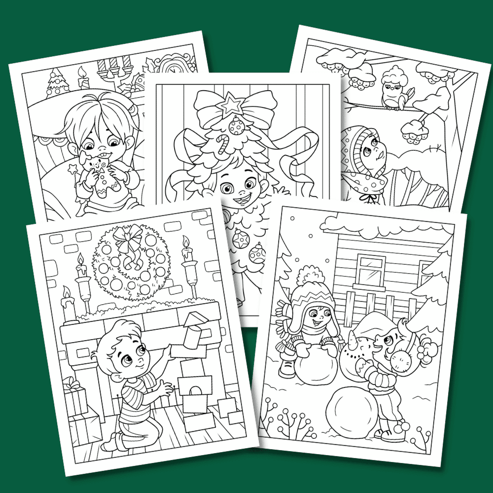 The Sweet Memories of Christmas Coloring Pack includes five black-and-white pages depicting children joyfully celebrating the holiday season: decorating a tree, opening presents by a cozy fireplace, dressing in festive outfits, building snowmen, and taking part in various holiday activities.