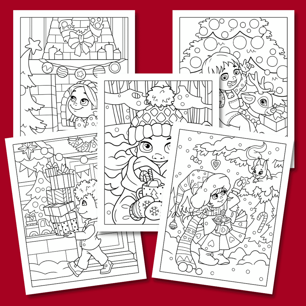 The "Sweet Memories of Christmas Coloring Pack" offers five delightful illustrated pages, each depicting Christmas scenes with children and gifts, a snowman, a Christmas tree, and a reindeer. These pages are displayed in an overlapping layered arrangement on a festive red background.
