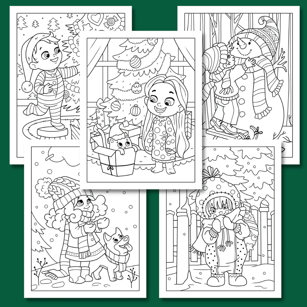 Sweet Memories of Christmas Coloring Pack: Delight in coloring pages that feature winter scenes with children—a child holding a candy cane, a child peeking from a present beneath a Christmas tree, a young skier, another bundled with a snowball and scarf, and one more with their dog dressed in winter attire.