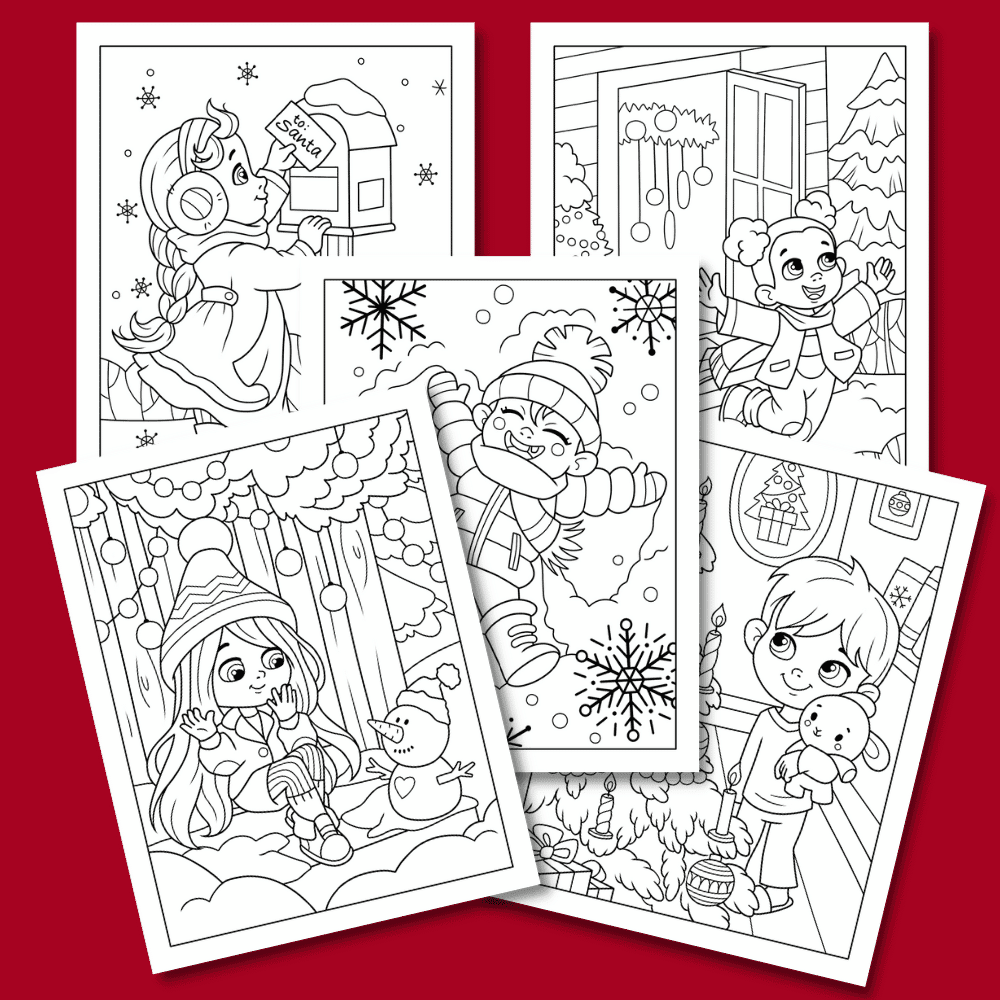 Introducing the "Sweet Memories of Christmas Coloring Pack," a delightful collection of five winter-themed coloring pages showcasing children playing in the snow, decorating a house, and enjoying various winter activities. Each page captures joyful scenes filled with snowflakes, hats, scarves, and mittens.
