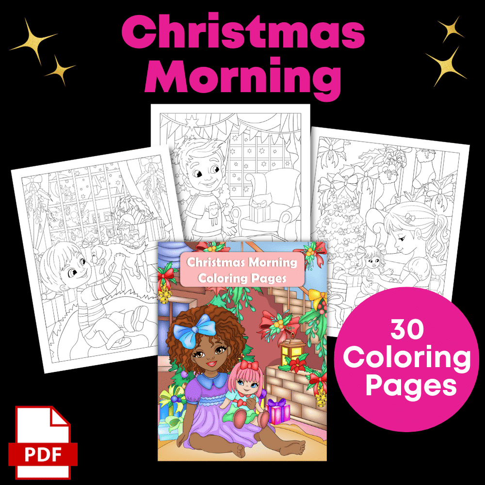 Image displaying a Christmas-themed coloring page set from the "Color Yourself Festive: Coloring Pack Super Bundle." It includes an illustrated cover featuring children gathered around a Christmas tree with presents, and contains 30 pages. Three sample pages showcase festive holiday scenes. Available in PDF format.