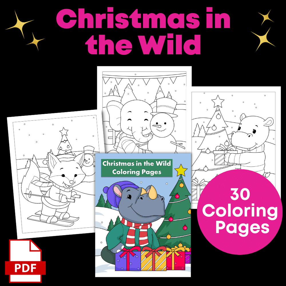 Cover of "Color Yourself Festive: Coloring Pack Super Bundle" features a cartoon rhino wearing a scarf beside gift boxes. It includes animal outlines celebrating Christmas, with text indicating 30 pages and displaying a PDF icon. The scene is adorned with Santa hats, a Christmas tree, and stars.
