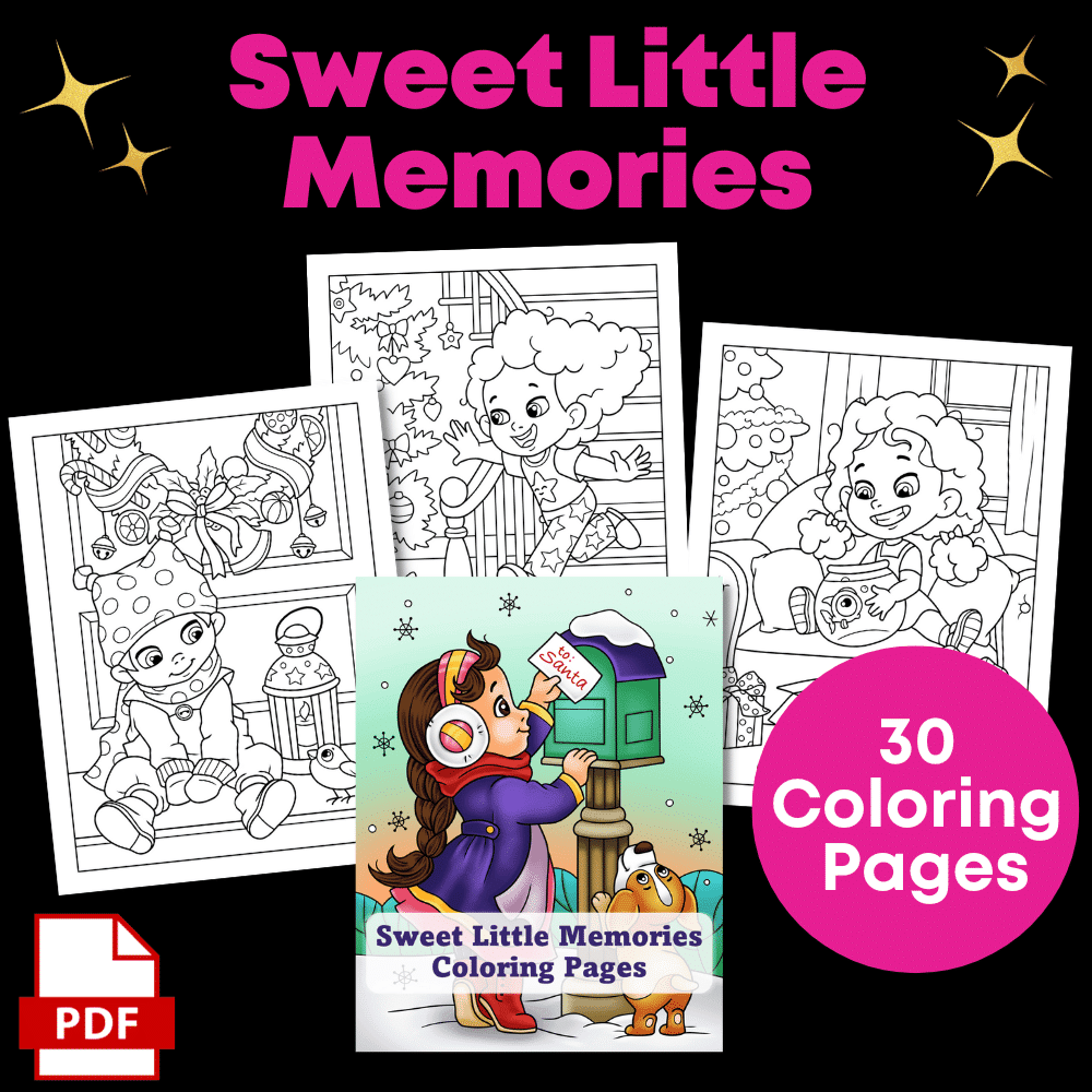 The cover of "Color Yourself Festive: Coloring Pack Super Bundle" is displayed alongside three sample coloring pages showcasing cheerful children at play. The text mentions "30 Coloring Pages" and features a PDF icon, all highlighted with a bright and playful design.