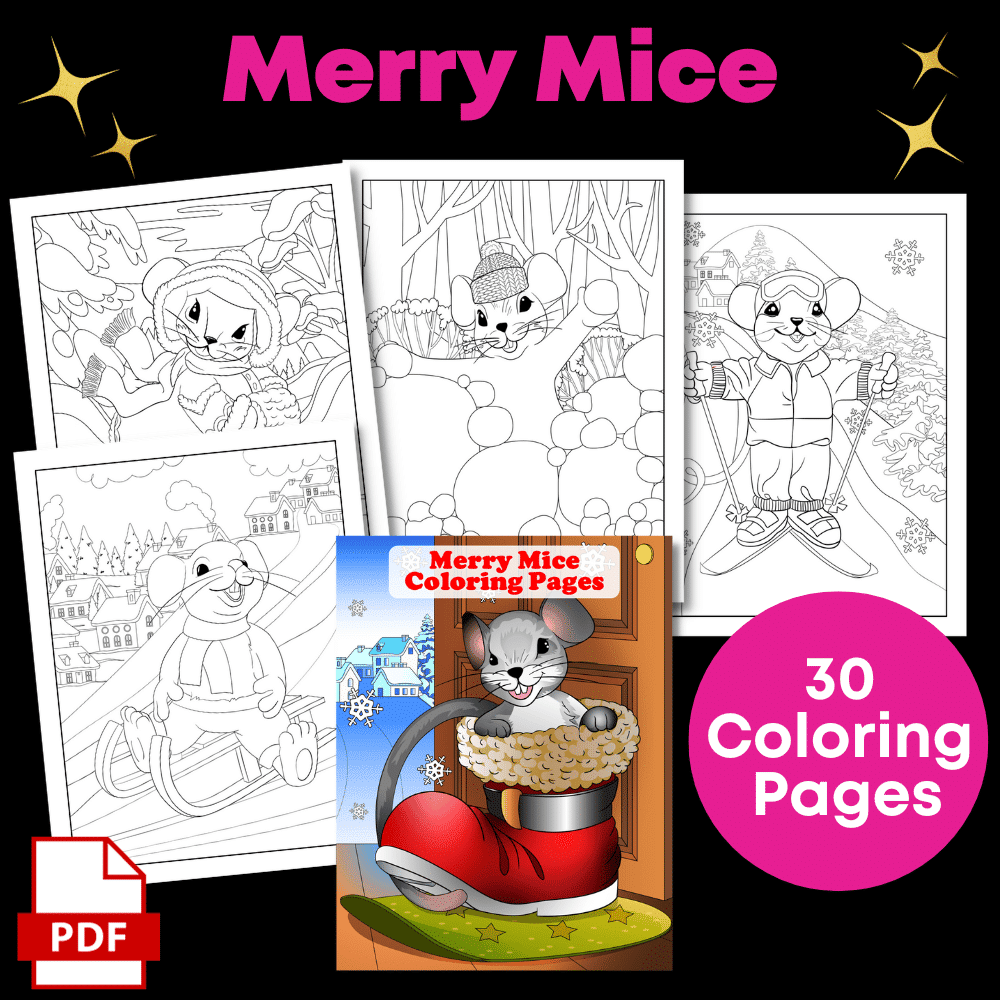 Image of a coloring book from the "Color Yourself Festive: Coloring Pack Super Bundle," featuring 30 pages. The cover illustrates a mouse in a red boot, with previews showing mice in winter activities like sledding and skiing. PDF download icon displayed.
