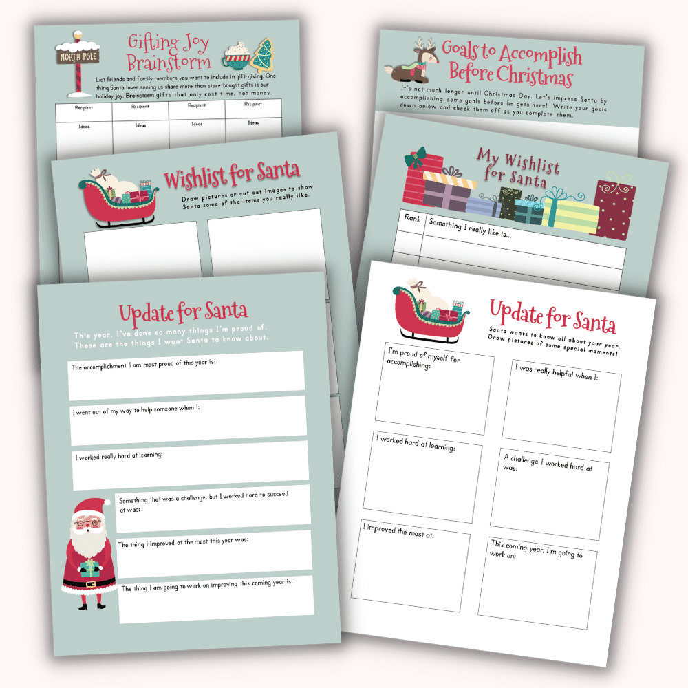 Introducing The Santa Prep Pack: a collection of five festive holiday-themed worksheets. This set includes "Gifting Joy Brainstorm," "Wishlist for Santa," "Goals to Accomplish Before Christmas," and "Update for Santa." Each worksheet is adorned with charming Christmas graphics, such as Santa, a sleigh, and gifts.