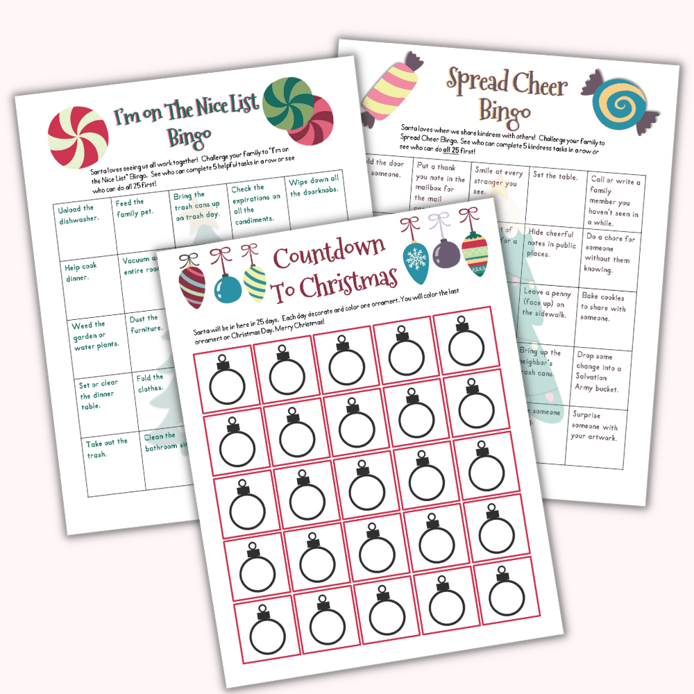 Introducing "The Santa Prep Pack," which includes three holiday-themed bingo and countdown sheets adorned with vibrant festive designs. The pack features "I'm on the Nice List Bingo," "Spread Cheer Bingo," and "Countdown to Christmas," all decorated with cheerful elements like candy canes and ornaments.