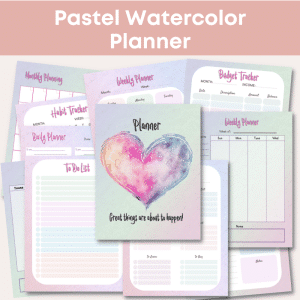 The Pastel Watercolor Planner collection showcases a heart design on the cover and offers various planning pages, including monthly planning, budget tracker, habit tracker, daily planner, to-do list, and weekly planner. The cover features the inspiring text: "Great things are about to happen!