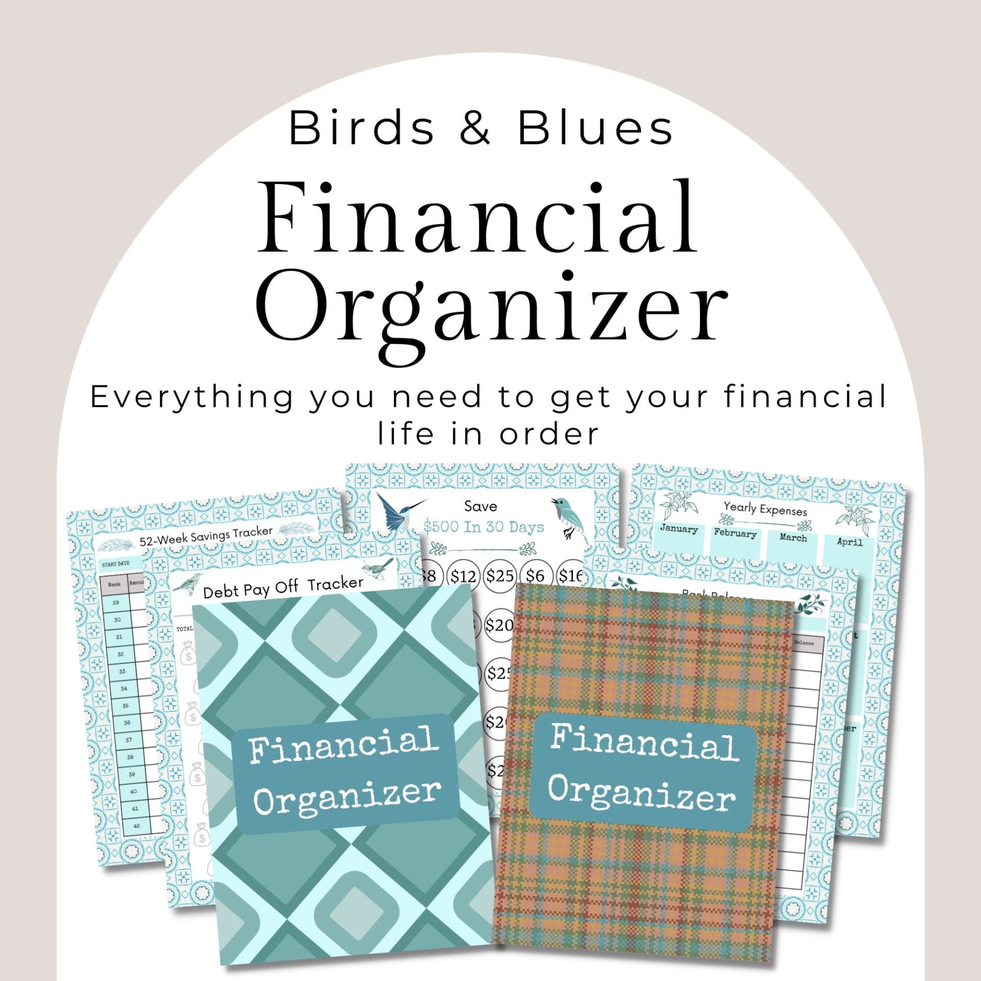 Promotional image for the "Financial Organizer (Birds & Blues)" showcasing two covers adorned with geometric patterns, alongside an array of financial tracking sheets such as a debt payoff tracker and savings challenges. The text emphasizes the benefits of financial organization.