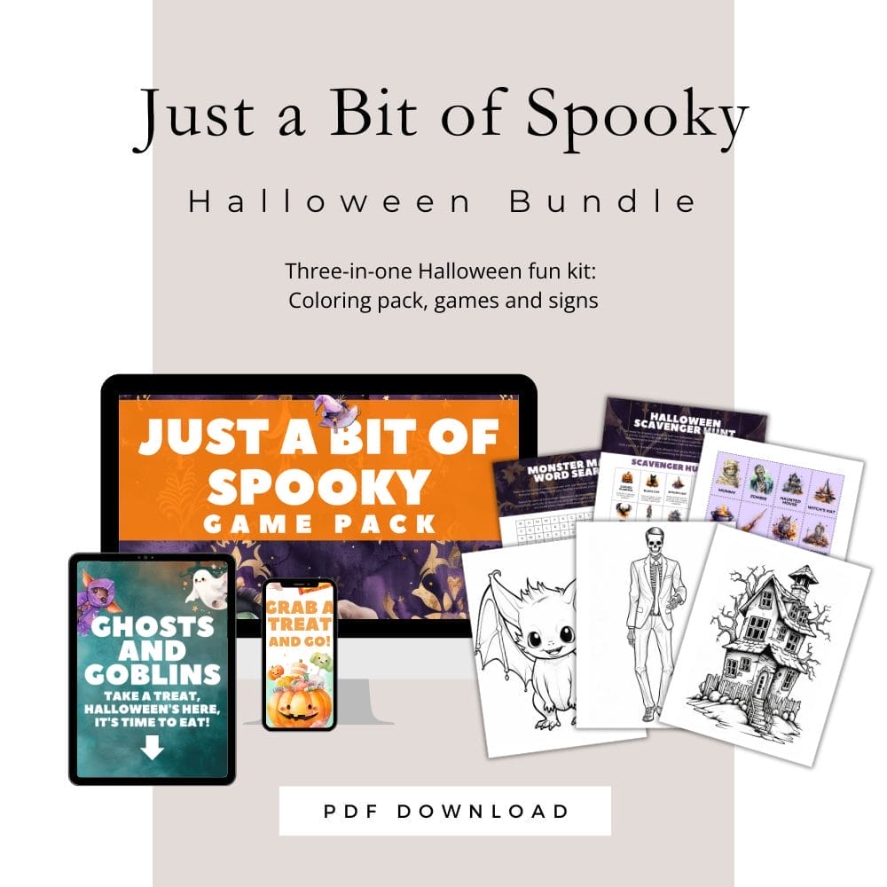 The promotional image for the "Just a Little Bit of Spooky: Halloween Fun Bundle" highlights digital devices displaying themed games, coloring sheets, and activity pages featuring ghosts, pumpkins, and a tree. It includes a PDF download for Halloween coloring pages and games, making it perfect for autumn festivities!
