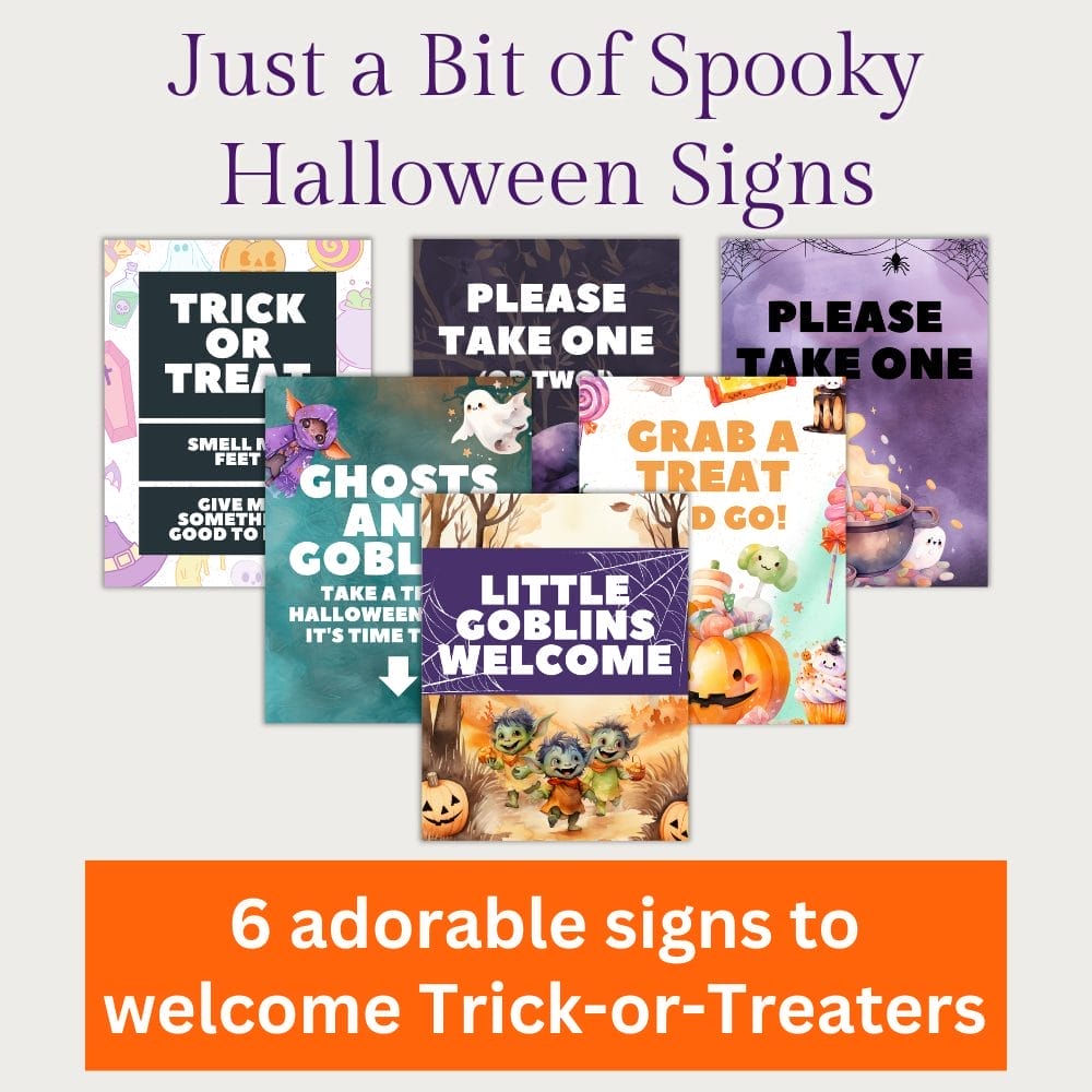 Introducing the "Just a Little Bit of Spooky: Halloween Fun Bundle," a collection of six vibrant printables adorned with playful designs featuring pumpkins, ghosts, and goblins. These charming signs are perfect for welcoming trick-or-treaters with delightful messages.