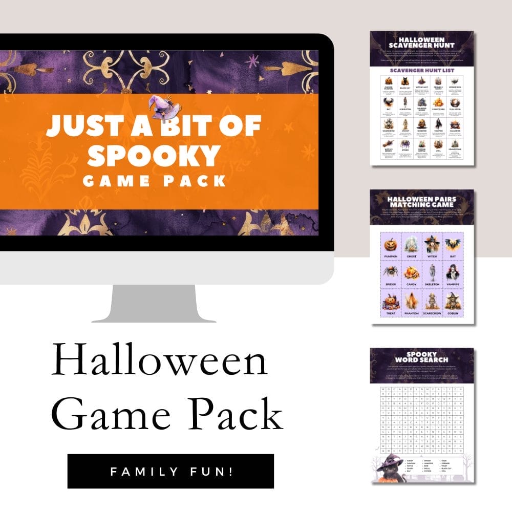 A Halloween game bundle is shown on a computer screen and across three separate sheets, featuring printable scavenger hunts, matching games, and word searches. The text reads "Just a Little Bit of Spooky: Halloween Fun Bundle" and "Family Fun!" It's perfect for families seeking festive fun with Halloween-themed printables.