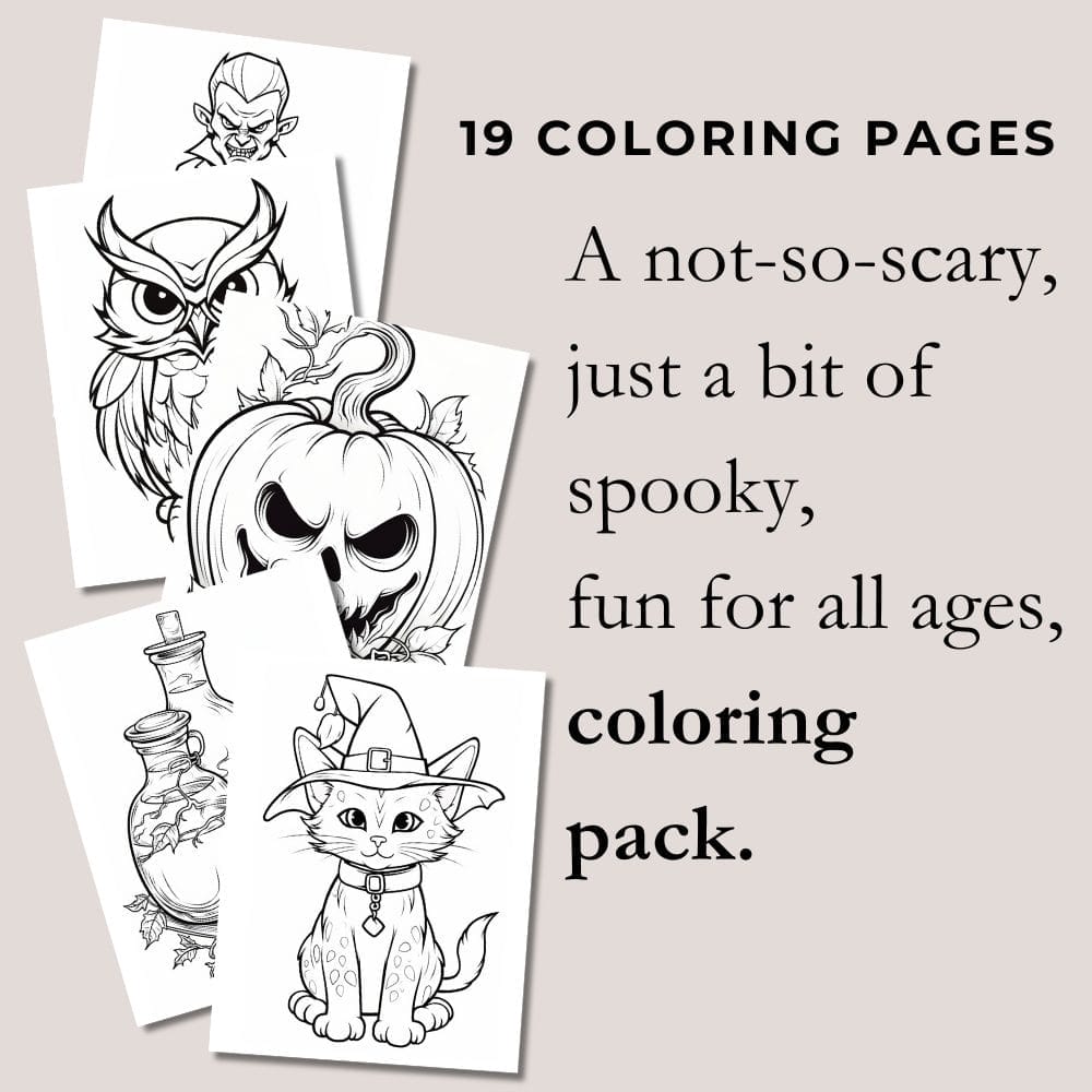 Five black-and-white coloring pages from the "Just a Little Bit of Spooky: Halloween Fun Bundle" are displayed, showcasing an owl, pumpkin, potion bottle, cat in a witch hat, and a vampire. The text reads, "19 Halloween coloring pages. A not-so-scary, just a bit of spooky fun for all ages." Perfect for Halloween activities and trick-or-treat signs!