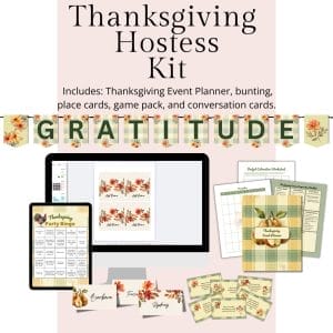 Thanksgiving Hostess Kit featuring a computer screen, tablet, and printed materials with floral designs and plaid patterns. Includes event planner, place cards, bingo, and themed cards. Bunting spells "GRATITUDE" with decorative accents.