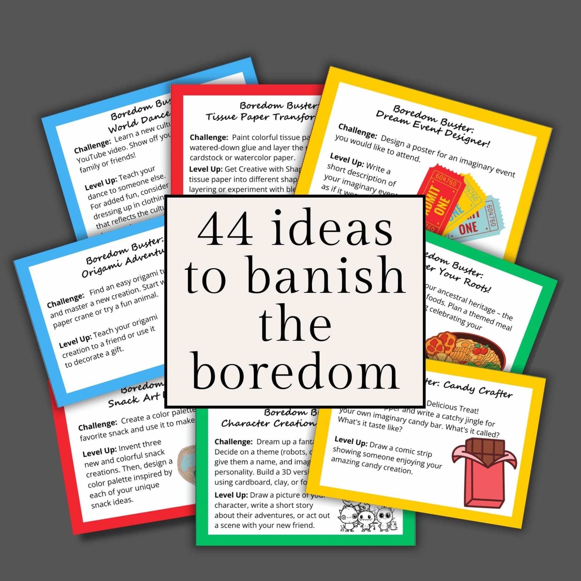 The "Boredom Buster Card Deck – 44 Fun & Creative Activity Cards" offers screen-free fun with colorful challenges like designing outfits or creating comics. Each card includes varied difficulty levels and creative play tips, perfect for inspiring family activities!.