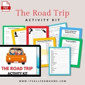 A promotional image for "Hit the Road with Fun: Road Trip Activity Kit + Bonus BINGO" features a PDF icon, the kit's title, colorful activity sheets like crosswords and games, and a cartoon car with children on the bottom left.