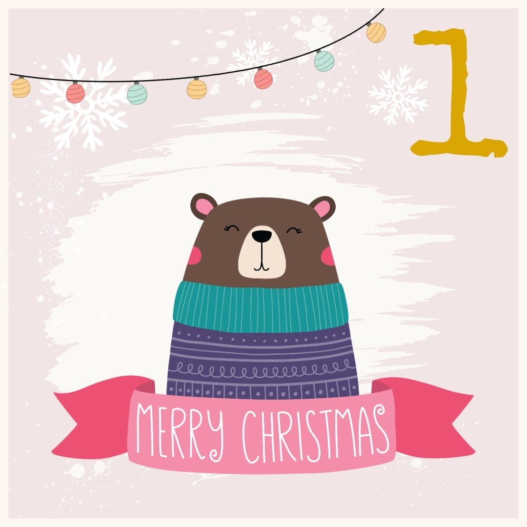 A cute bear wearing a colorful sweater stands under string lights, with snowflakes in the background. A large yellow number 1 appears in the top right corner, and a pink ribbon below reads "Merry Christmas.