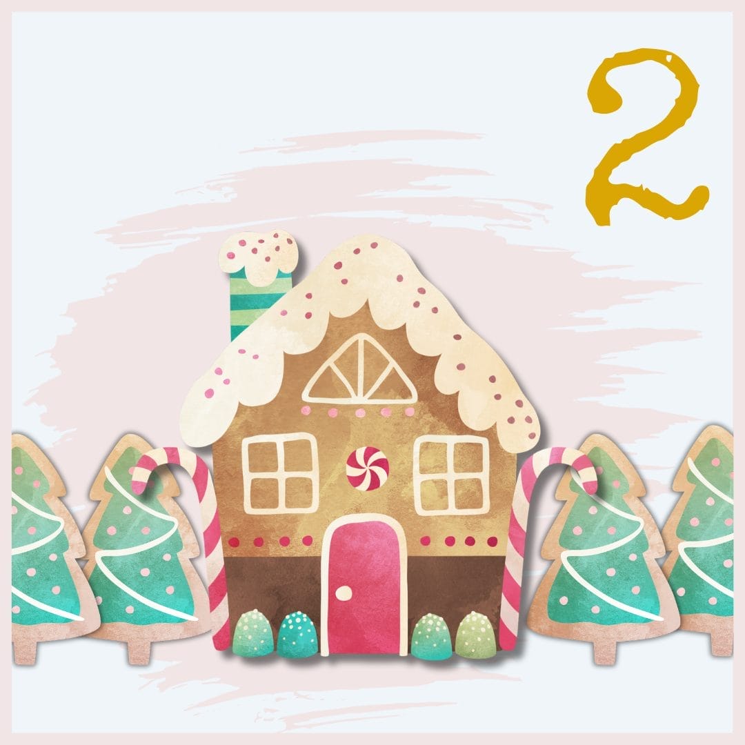 A festive illustration of a gingerbread house decorated with candy canes and icing, surrounded by four decorated gingerbread trees. A yellow number 2 appears in the top right corner against a light background.