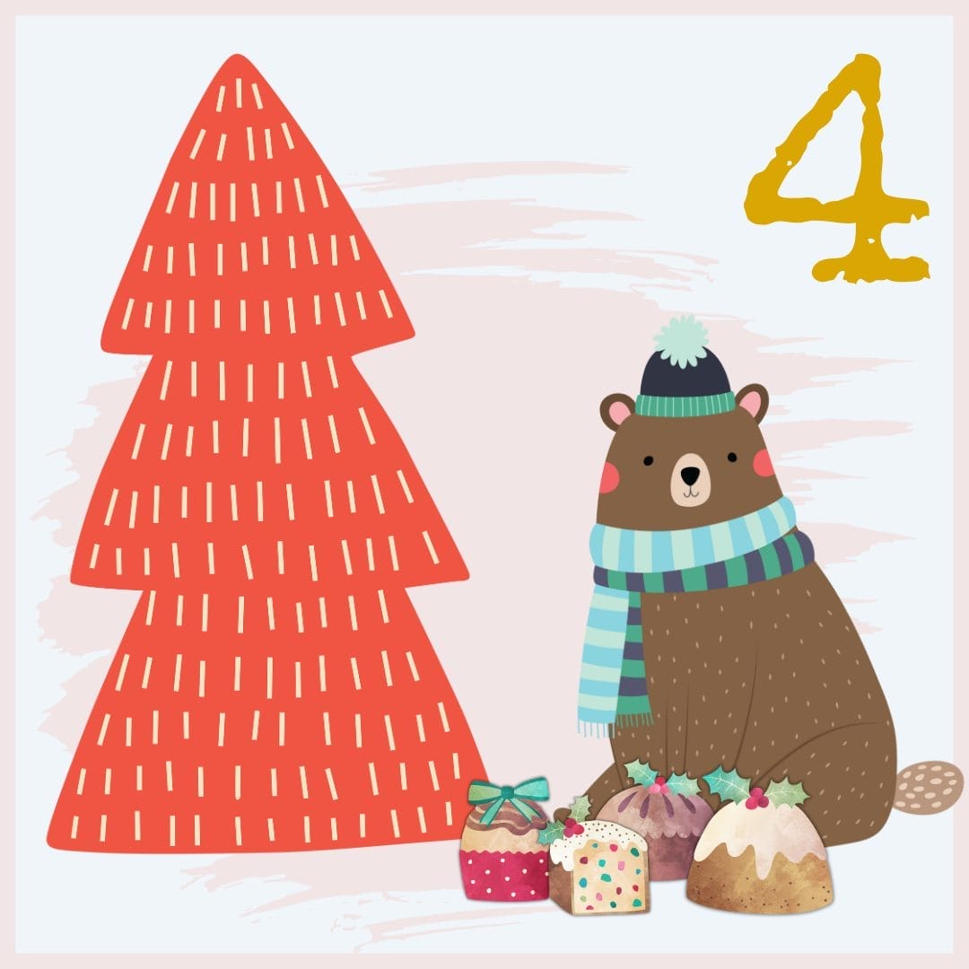 A bear wearing a striped scarf and winter hat sits beside a red stylized Christmas tree and several decorated holiday cakes, with a yellow number 4 in the top right corner.