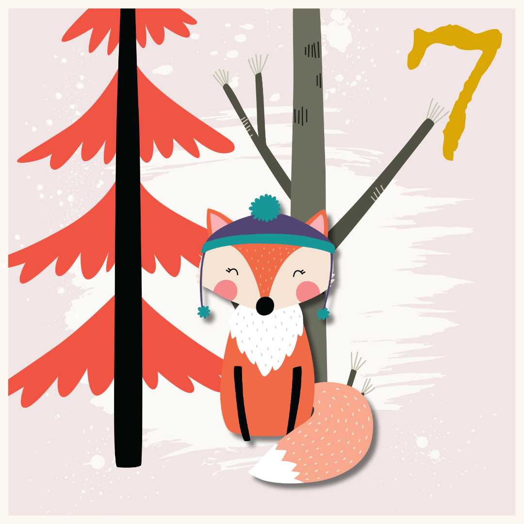 A cute cartoon fox wearing a blue winter hat sits in front of trees, including a red pine. The number 7 is written in yellow in the top right corner. Snowy accents decorate the background.