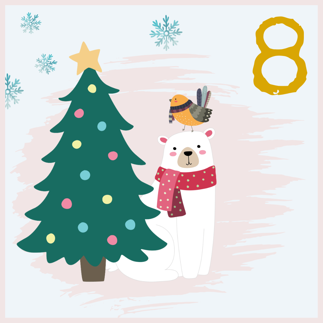 A decorated Christmas tree stands next to a white bear wearing a red scarf, with a bird perched on the bear's head. Snowflakes and a yellow number 8 are in the background.