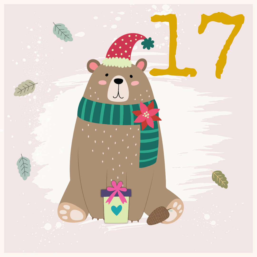 A cute bear wearing a Santa hat and striped scarf sits with a pinecone and a gift. Leaves are scattered around, and the number 17 is written in yellow in the top right corner.