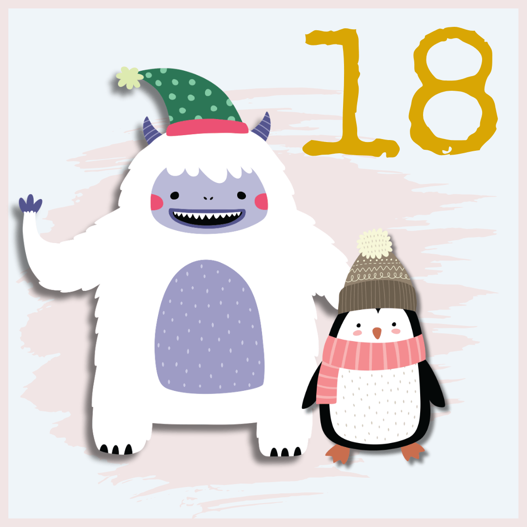 A smiling white yeti wearing a green polka-dot hat stands beside a penguin in a knit hat and scarf. The yellow number 18 appears in the top right corner.