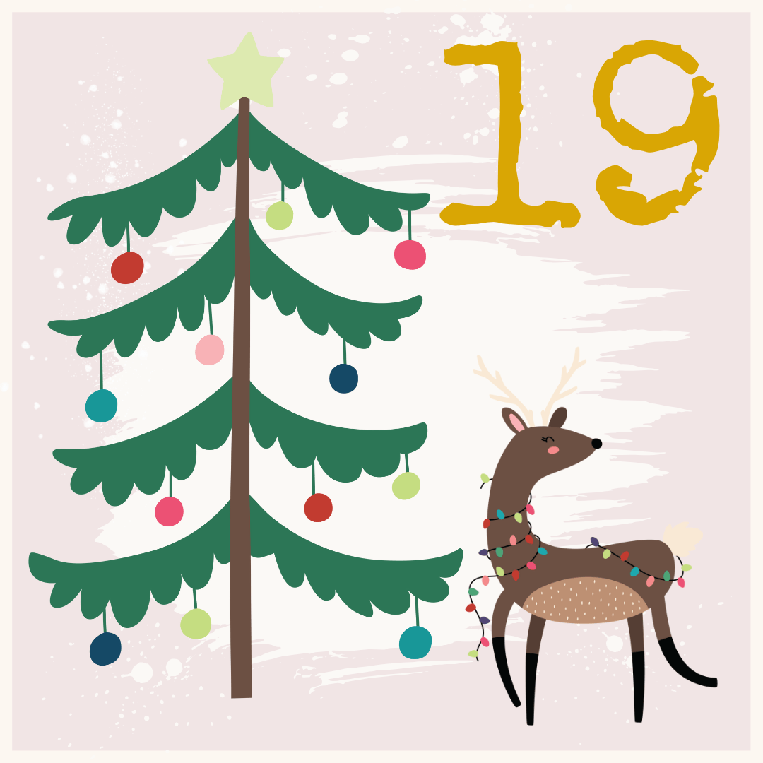 A decorated Christmas tree stands next to a reindeer wrapped in colorful string lights, with the number 19 written in yellow at the top right corner.