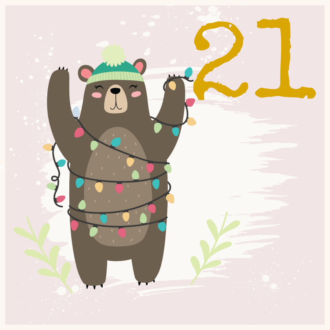 A cute bear in a green winter hat stands with arms raised, wrapped in colorful string lights. The number 21 is painted in yellow at the top right. Light pink background with plant accents.