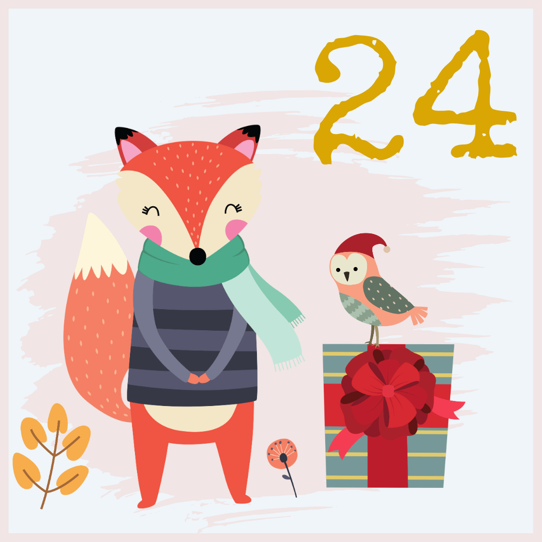 A smiling fox in a scarf and sweater stands next to a gift box with a red bow. A small bird wearing a Santa hat perches on the box. The number 24 is written in yellow in the top right corner. Leaves and flowers decorate the scene.