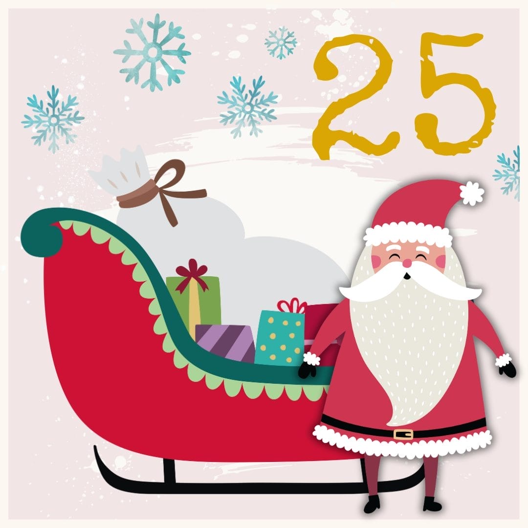 Illustration of Santa Claus standing next to a red sleigh filled with wrapped gifts and a white sack, with snowflakes and the number 25 in yellow in the background.