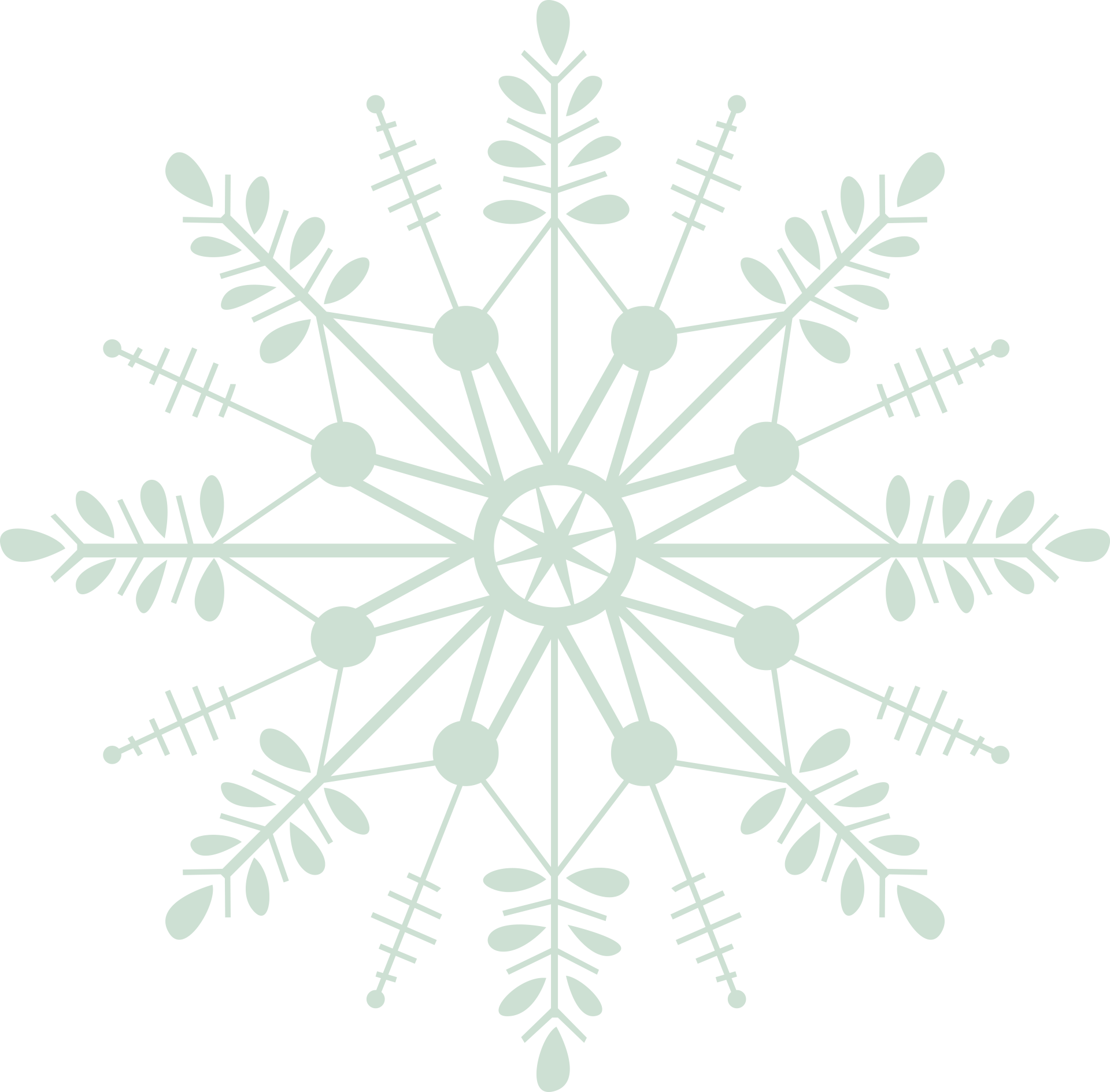 A light green, stylized snowflake with symmetrical, botanical-inspired branches and circular accents, set against a white background.