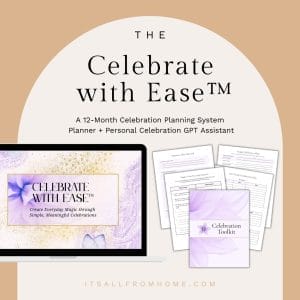 A promotional image for "The Celebrate with Ease™ Planner + GPT," showing a laptop with the planner’s cover, printed planner pages, and a purple "Celebration Toolkit" booklet on a beige background.